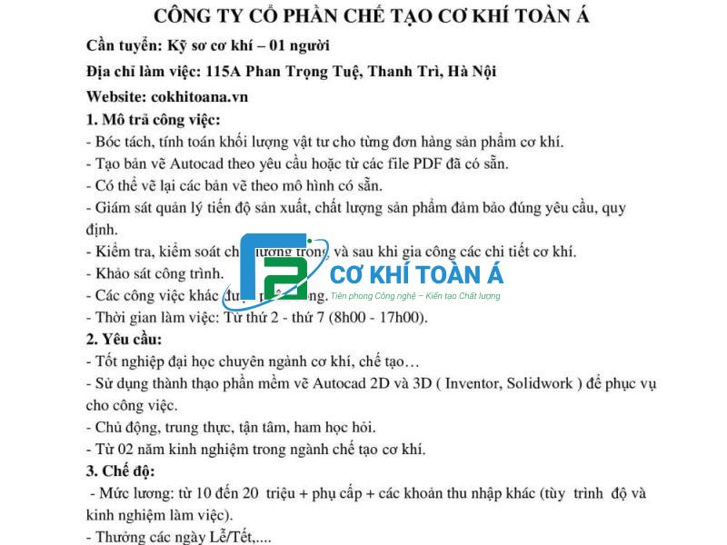 tuyen dung ky su co khi ha noi